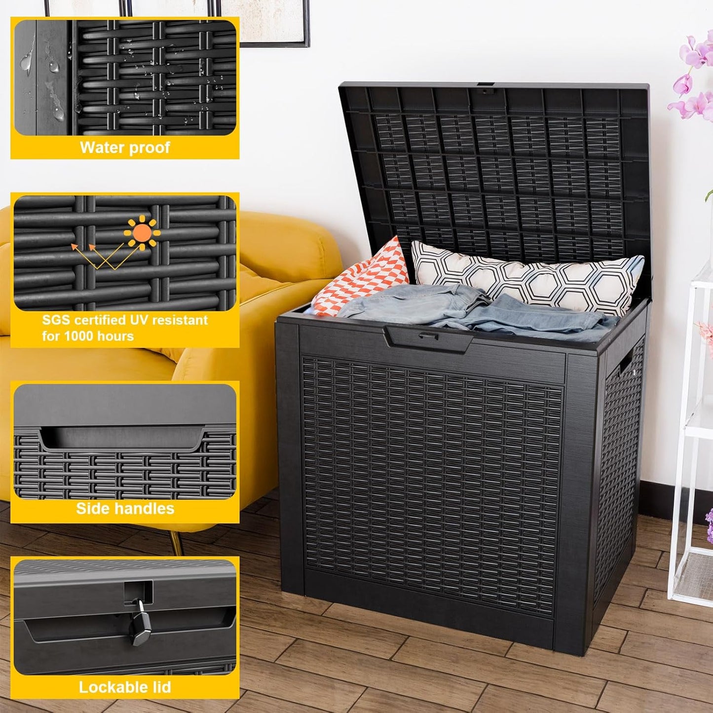 30 Gallon Outdoor Deck Box, Lockable Waterproof Outdoor Storage Boxes For Garden Tools,Indoor Cushions,Accessories Outside Storage Resin Weatherproof Container(Black)