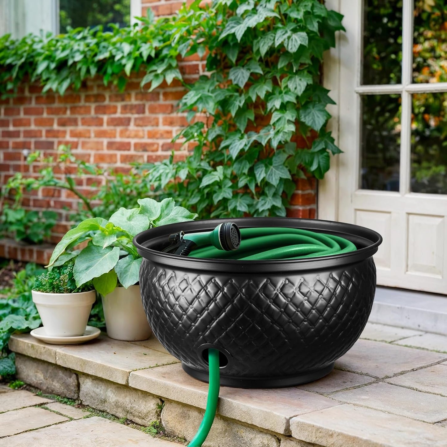 Monarch Abode Garden Hose Holder with Lid – Decorative Water Hose Holders for Outside, Diamond Embossed Metal Patina Pot with Drainage, 100ft Waterhose Holder for Outside, Garden Storage Caddy