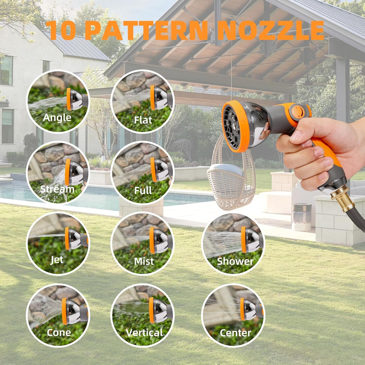 Retractable Garden Hose Reel, 1/2 inch x 100 ft Water Hose Reel Wall Mounted, Any Length Lock, Slow Auto-Rewind, 180°Swivel Bracket & 10 Pattern Nozzle