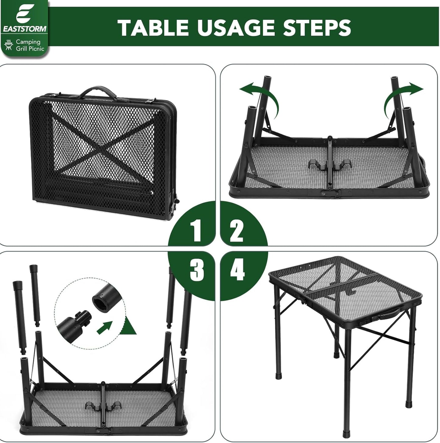 2Ft Small Folding Table with Carry Handle, Camping Table Adjustable Height 10.6–22 in, Black Metal Mesh, Portable & Compact for Outdoor/Indoor,Grill Table, 23.6×15.8 in, 4 lb, 66 lb Capacity