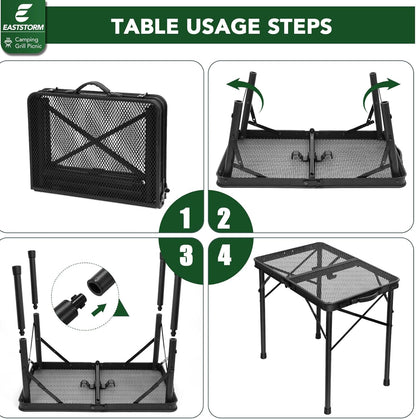 2Ft Small Folding Table with Carry Handle, Camping Table Adjustable Height 10.6–22 in, Black Metal Mesh, Portable & Compact for Outdoor/Indoor,Grill Table, 23.6×15.8 in, 4 lb, 66 lb Capacity