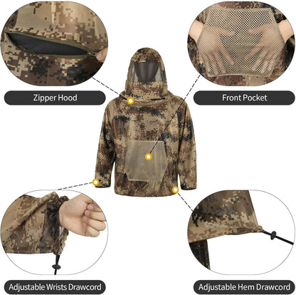 Mosquito Netting Suit Bug Net Mesh Clothing with Hood Outdoor Garden Hunting Camo Protection from Fly Insects Bugs