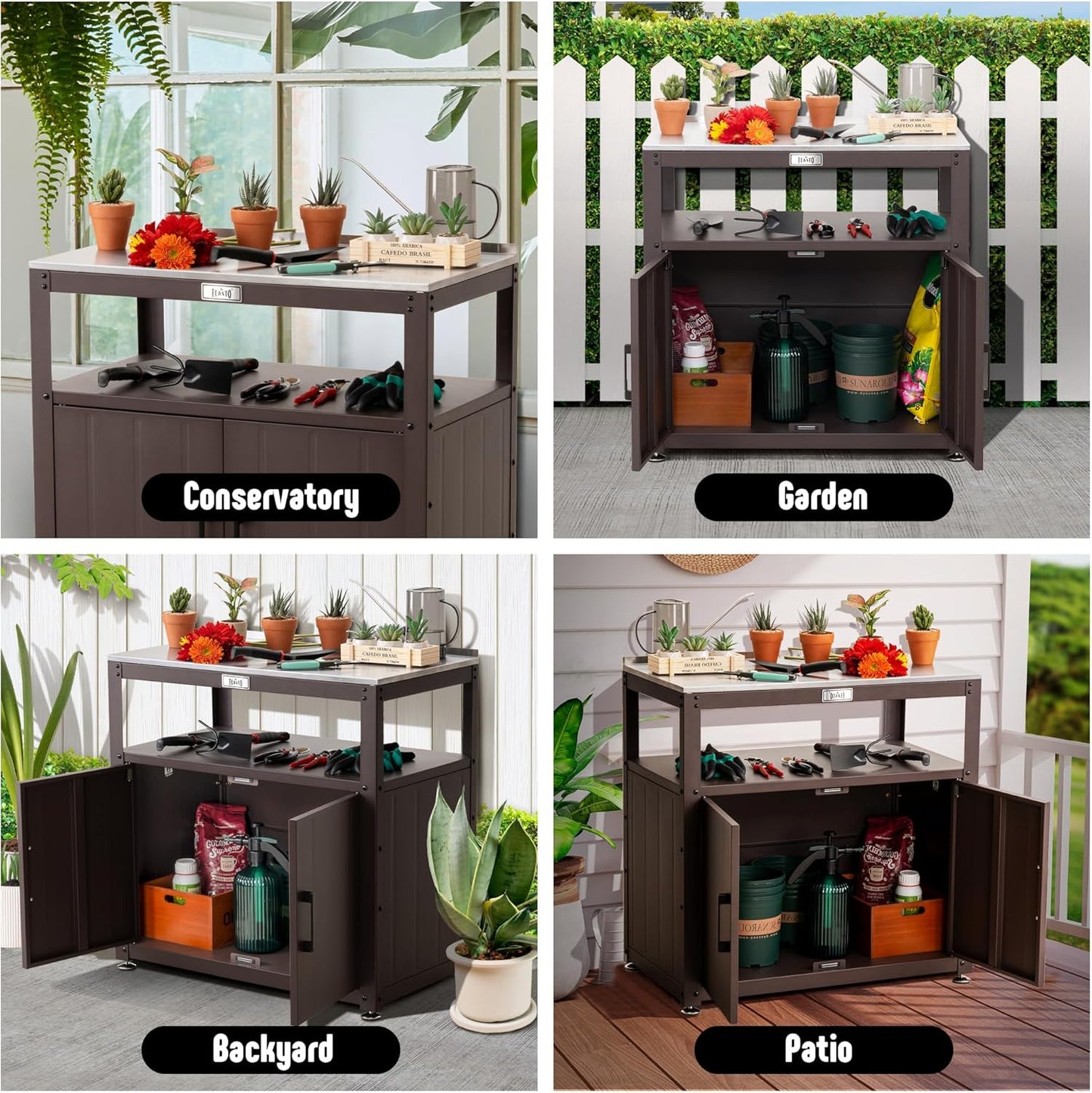 Feasto Outdoor Potting Bench with Storage, Stainless Steel Tabletop Garden Work Bench with Storage Cabinet & Removable Inner Shelf for Patio Lawn Outdoor Gardening