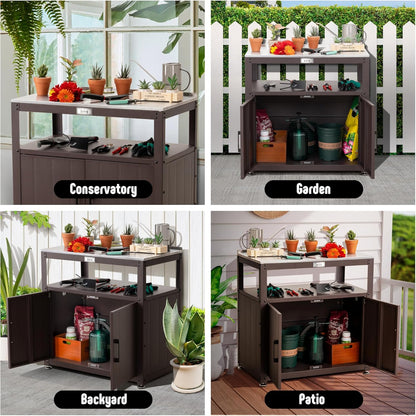 Feasto Outdoor Potting Bench with Storage, Stainless Steel Tabletop Garden Work Bench with Storage Cabinet & Removable Inner Shelf for Patio Lawn Outdoor Gardening