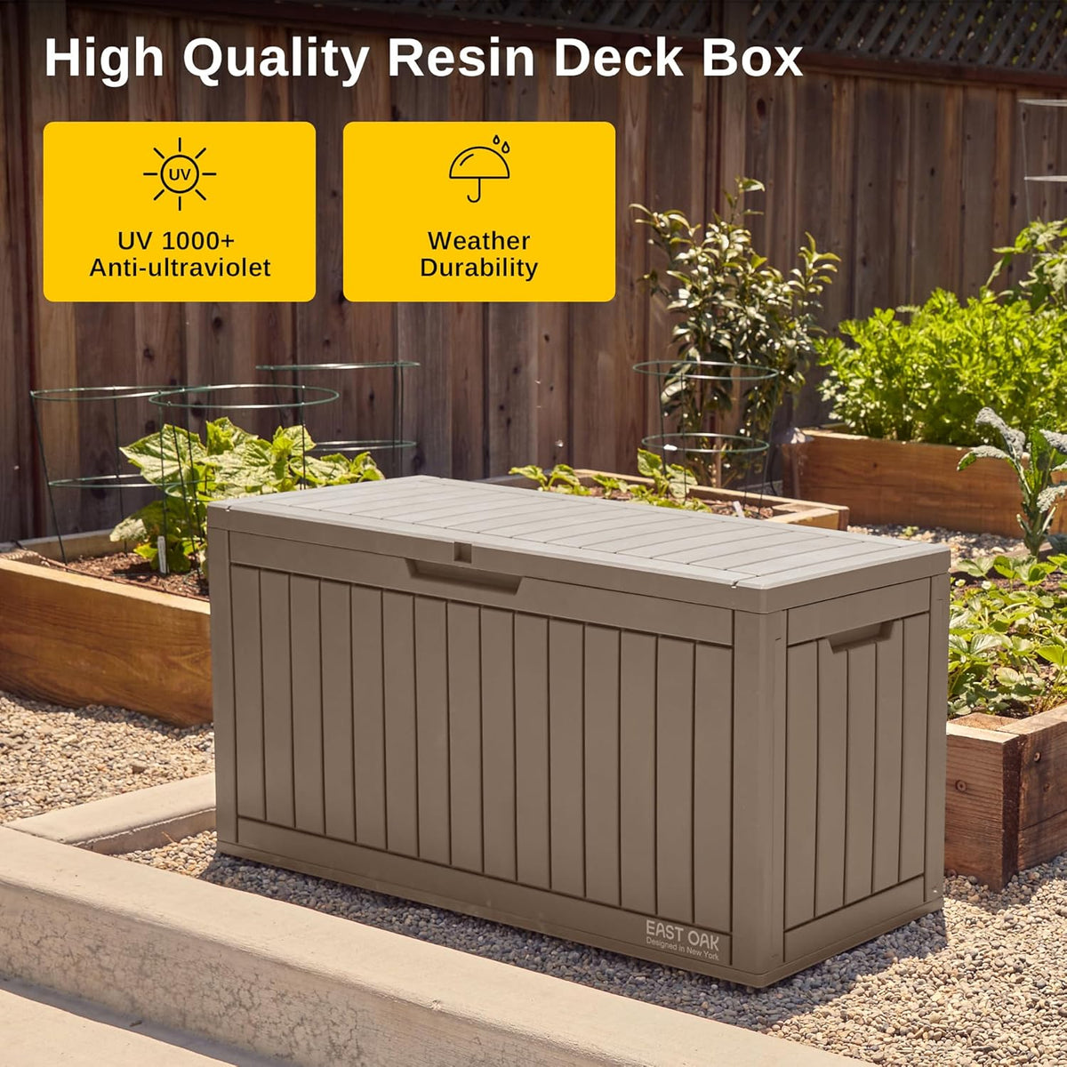 EAST OAK Outdoor Storage Box, 31 Gallon Deck Box Indoor and Outdoor Use, Waterproof Resin Storage Bin for Package Delivery, Patio Cushions, Gardening Tools, Lockable, UV Resistant, Grey