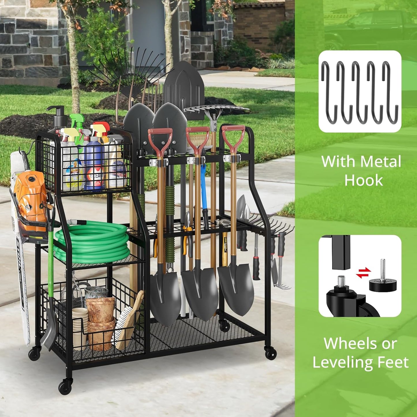 keomaisyto Garden Tool Organizer for Garage Organization, 3 Tier Yard Tool Storage Rack with 35 Long-Handled Tool Slots, Heavy Duty Garden Tool Holder with Large Hooks for Shed, Yard, Garage