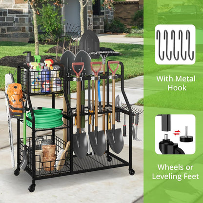 keomaisyto Garden Tool Organizer for Garage Organization, 3 Tier Yard Tool Storage Rack with 35 Long-Handled Tool Slots, Heavy Duty Garden Tool Holder with Large Hooks for Shed, Yard, Garage