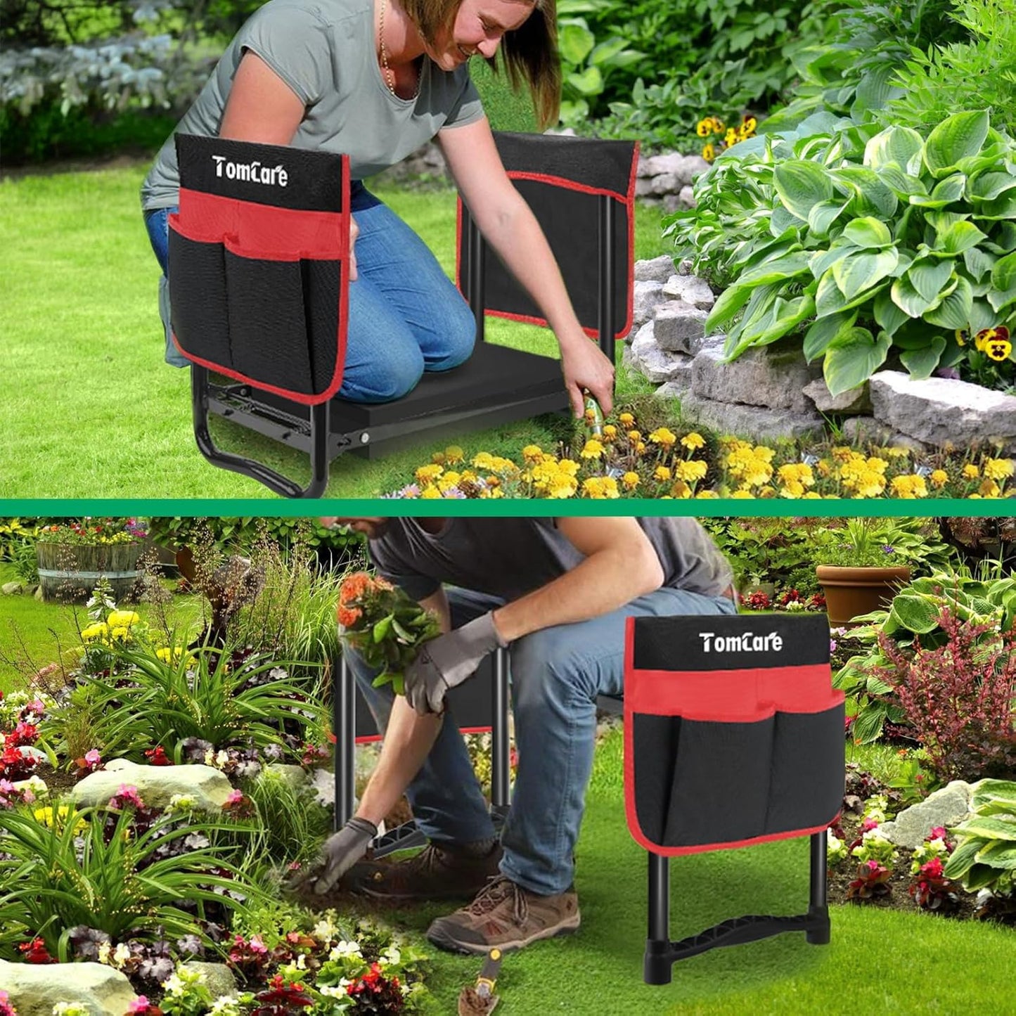 TomCare Garden Kneeler and Seat 10.64” Wider Larger Soft Kneeling Pad Garden Bench with 2 Large Tool Pouches Heavy Duty Garden Stool Foldable Tools Gardening Gifts for Women Men Gardeners
