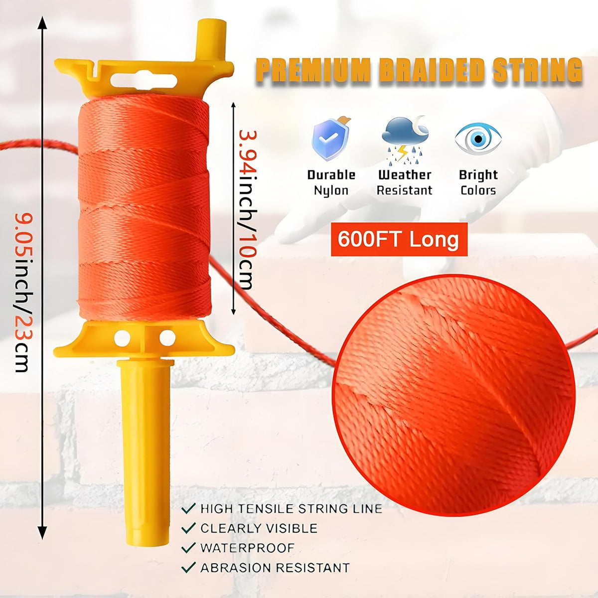 Reloadable Line Reel,Mason Line String line with Handle, 600 Ft Length Nylon Twine,18 Braided Nylon String for Gardening Or Masonry Tools,Outdoor Kite，Twine String for Gardening Fluorescent Yellow