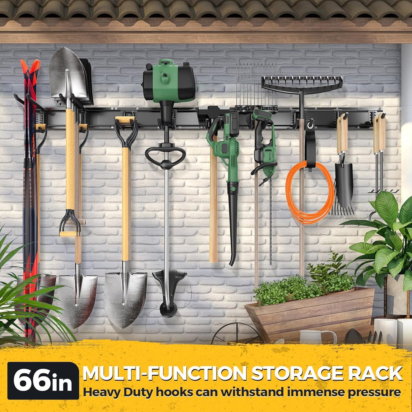 LBT 66" Garage Tool Organizer Wall Mount - 720lbs Garden Tool Organizer with Adjustable Hooks, Heavy Duty Metal Garage Storage Rack, Anti-Rust Shed Rack Holder Hanging Rake Broom Mower Snowboard
