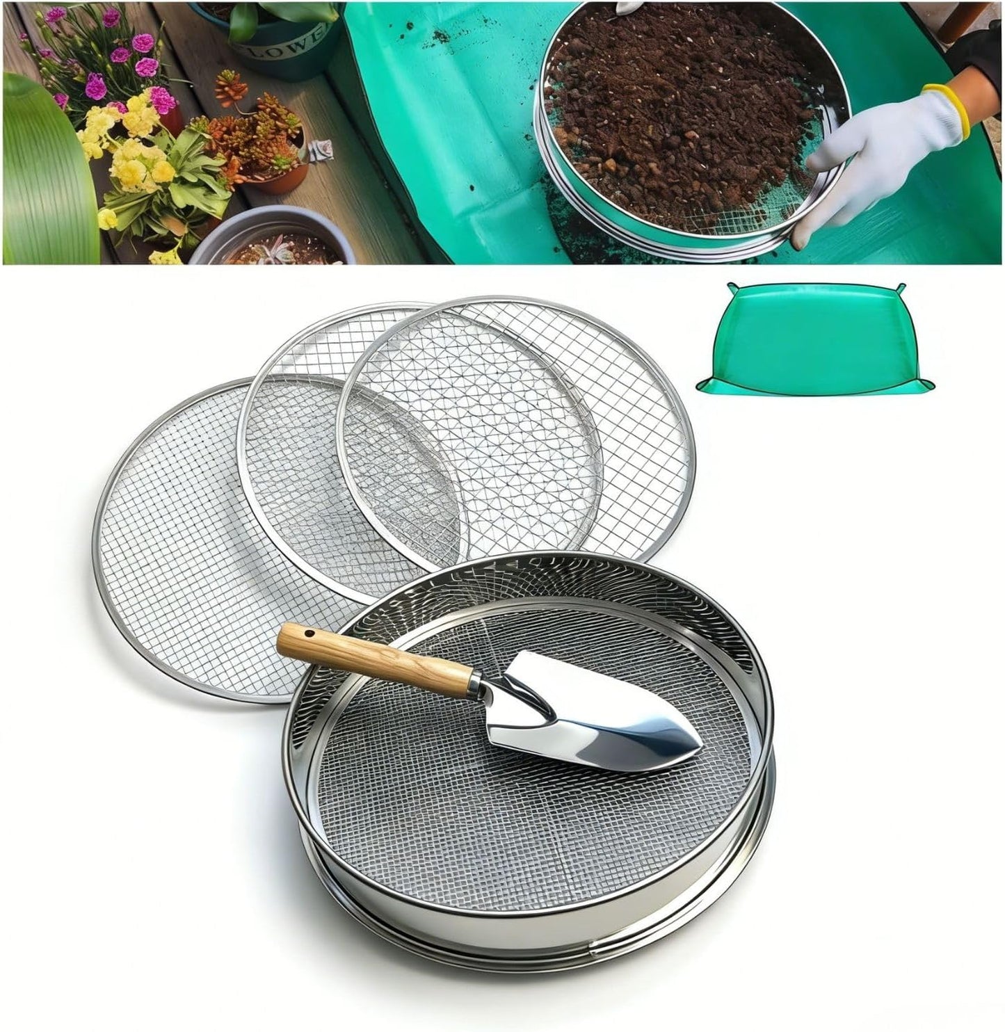 Soil Sifter for Gardening, 12 Inch Stainless Steel Soil Sifter with 4 Replaceable Fine Screens and Shovel, Sieve for Sand Rocks Dirt Compost