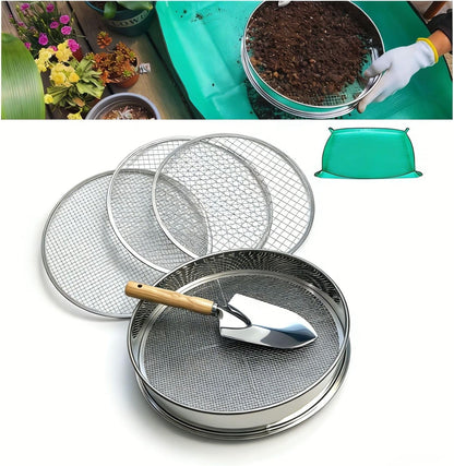 Soil Sifter for Gardening, 12 Inch Stainless Steel Soil Sifter with 4 Replaceable Fine Screens and Shovel, Sieve for Sand Rocks Dirt Compost