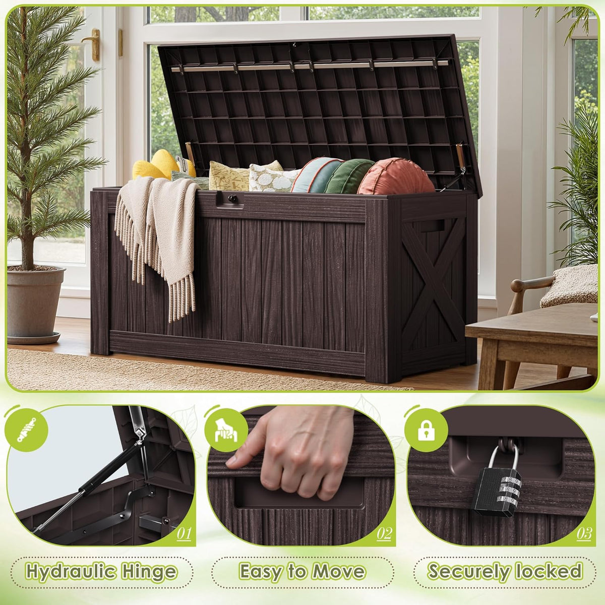 Devoko 100 Gallon Waterproof Large Resin Deck Box Indoor Outdoor Lockable Storage Container for Patio Furniture Cushions Garden Tools (100 Gallon, Black)