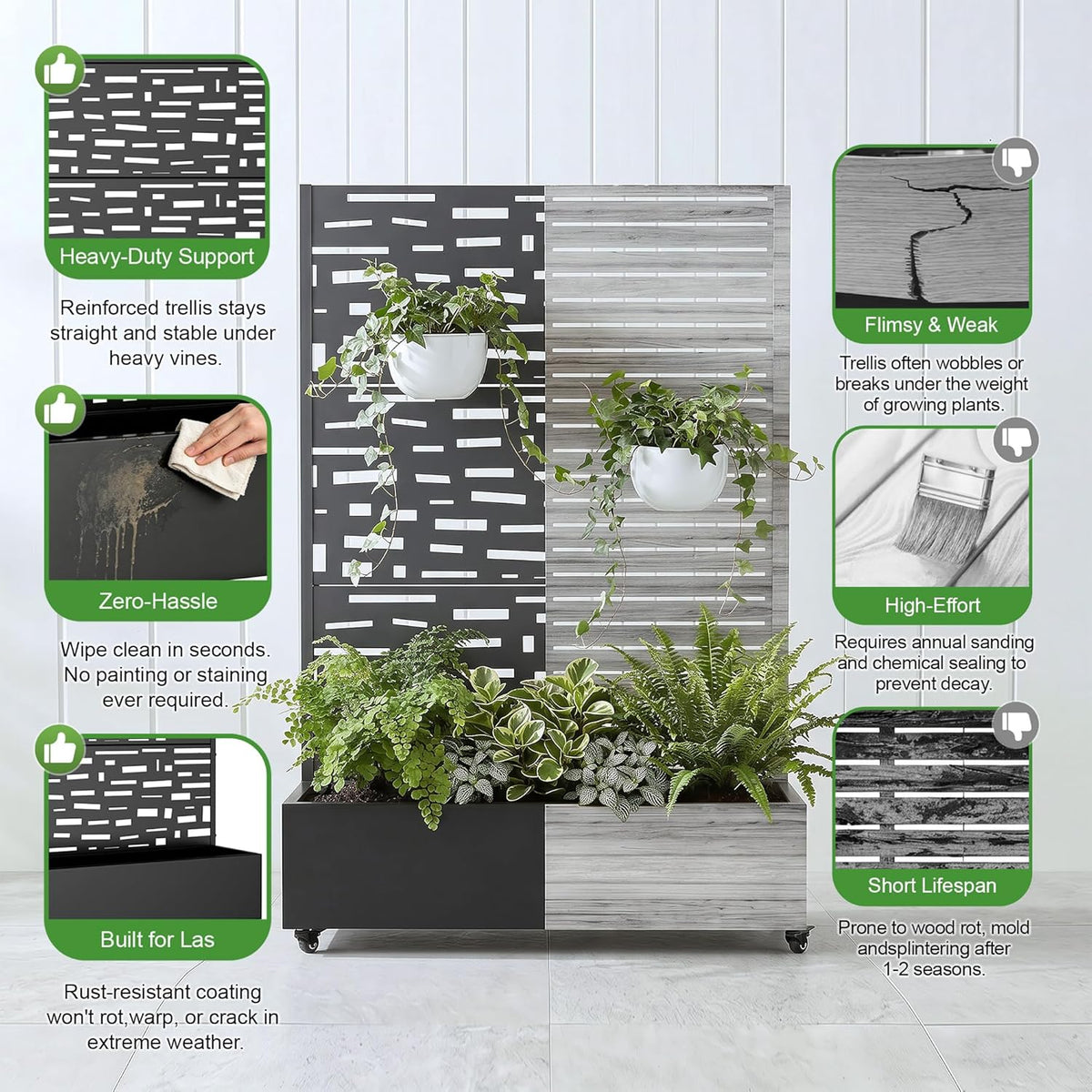 Casaphoria Metal Raised Garden Bed with Trellis and Wheels, 72"x47"x16" Planter Box for Climbing Plants, Vegetables & Vines, Features Drainage Holes and Privacy Screen (Black-Louver) - Colors D