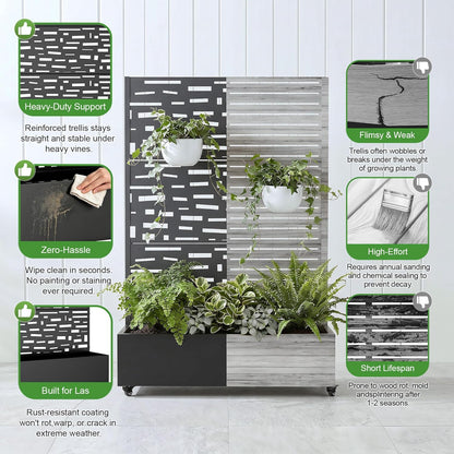 Casaphoria Metal Raised Garden Bed with Trellis and Wheels, 72"x47"x16" Planter Box for Climbing Plants, Vegetables & Vines, Features Drainage Holes and Privacy Screen (Black-Louver) - Colors D