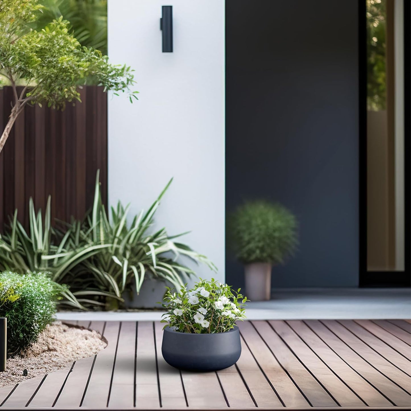 Kante 15.7" Dia Round Concrete Planter, Outdoor Indoor Garden Plant Pots with Drainage Hole and Rubber Plug, Modern Curvaceous Design, Slate Gray