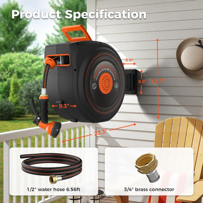 Retractable Garden Hose Reel 65 FT 1/2 IN for Outside, Upgraded 10 Spray Patterns, Heavy Duty Automatic Water Hose Reel with Any Length Lock, Wall Mount, Pro Guide System, 180° Swivel
