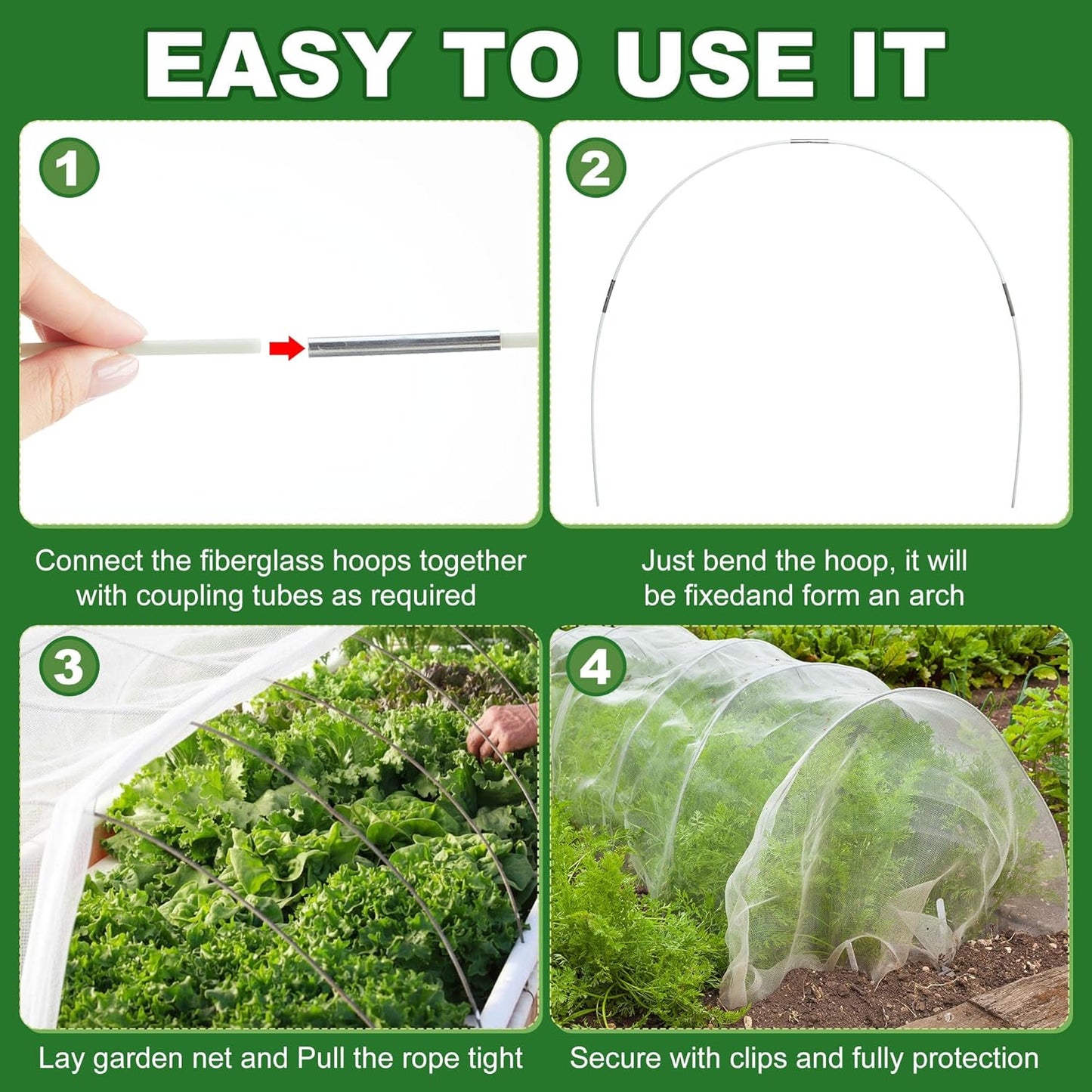 2 Set Garden Netting Kit for Raised Beds 4.9x2.3x1.5 ft Ultra Fine Mesh Plant Cover with Garden Hoops Drawstring & Clips Insect Netting Pest Barrier Screen for Vegetables Fruits Protection