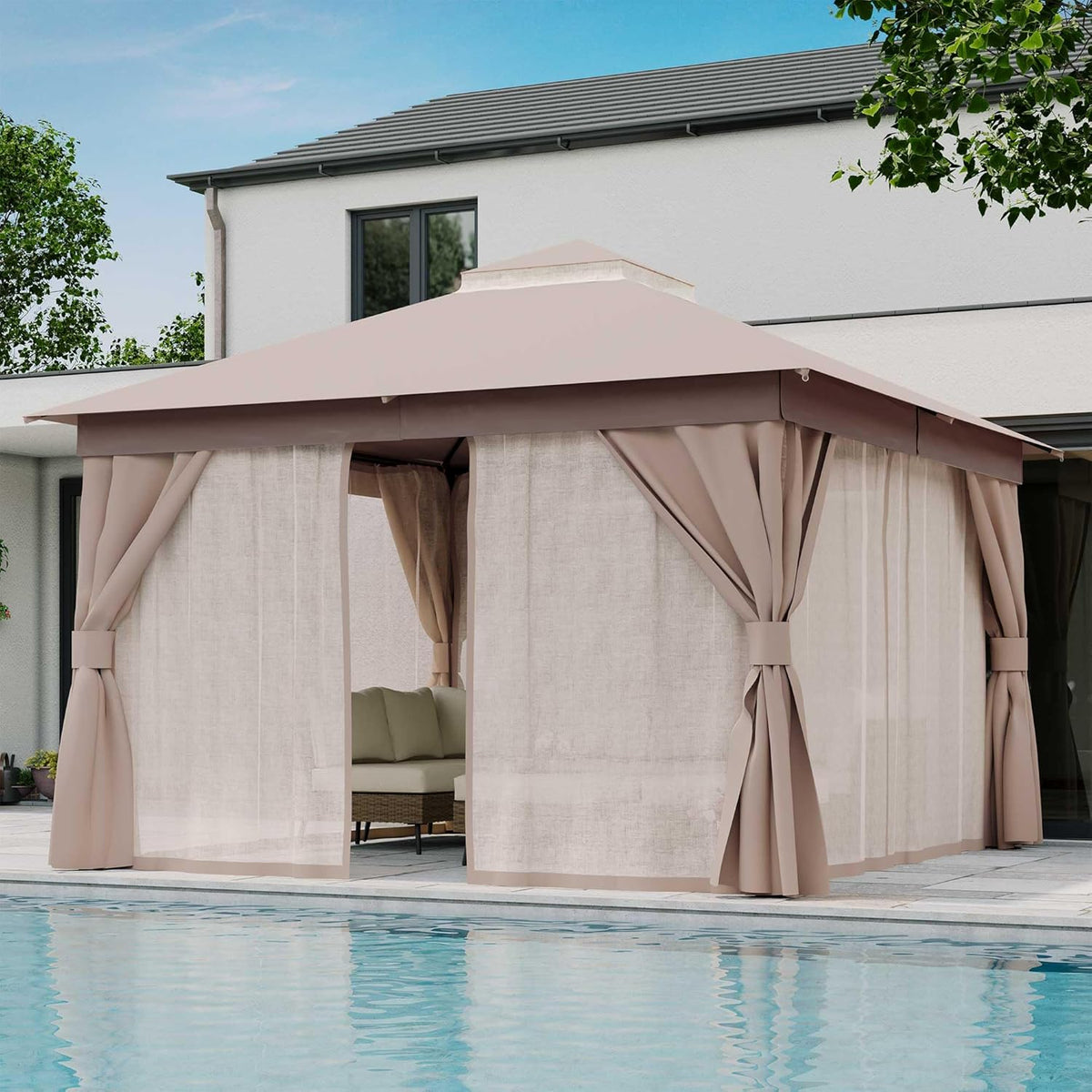 10x20 Gazebo Canopy with 100FT String Lights, Metal Heavy Duty Patio Canopy Tent with Double Roofs, Mosquito Nettings and Privacy Screens for Backyard, Garden, Lawn, Gray