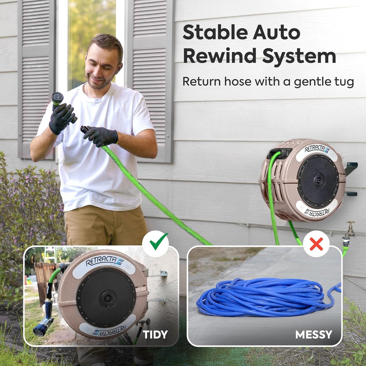 Macnaught Retractable Garden Hose Reel, 82 Ft Water Hose Reel Heavy Duty Retractable Hose with Metal 180° Swivel Rotation Bracket for Wall Mount - Gray