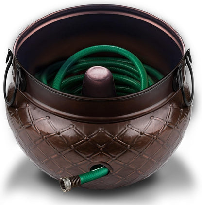 LifeSmart Garden Hose Pot Storage Holder with Copper Accents 16 x 12 Inches | Heavy Duty Water Hose Hider | Holds 150 ft Hose Outdoor and Indoor Use