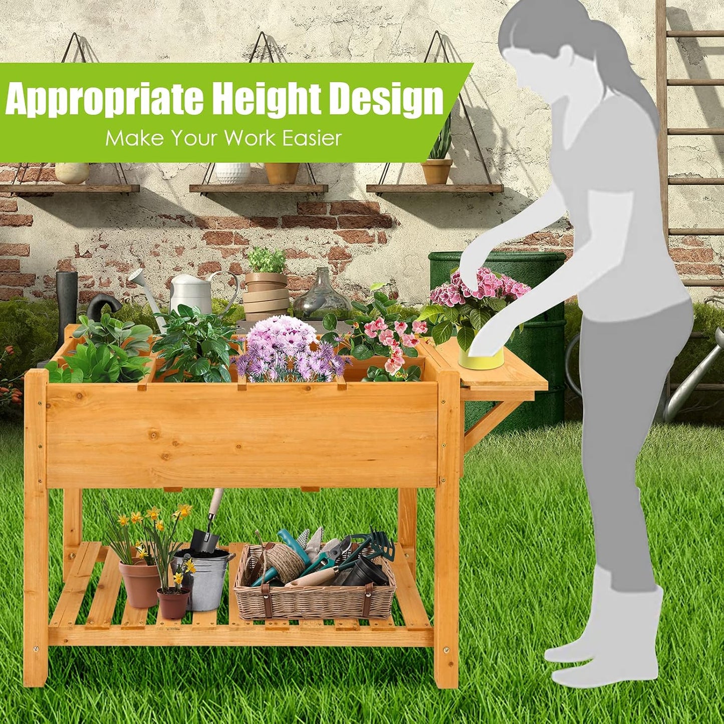 Giantex Wood Raised Garden Bed w/Folding Drop-Leaf Potting Table, Planter Box for Flower Herb Vegetable Fruit, Indoor Outdoor Elevated Raised Beds for Gardening, Backyard, Patio, Balcony