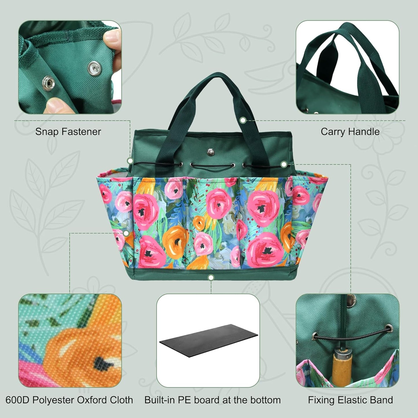 Waterproof Garden Tool Bag, 600D Oxford Portable Gardening Tote with Handle & Multi Pockets, Ideal Gifts for Parents Women (Green, Tools Not Included)
