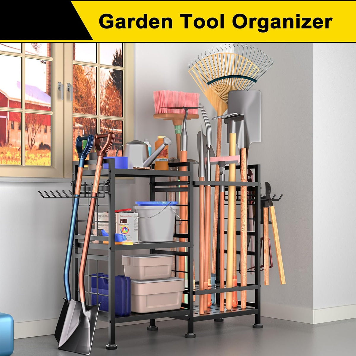 3 Tier Garden Tool Organizer, Garage Storage and Organization, Metal Yard Tools Storage up to 78 Tools, Heavy Duty Garden Tool Organizer for Garage, Yard, Patio, Shed, Indoors and Outdoors, Black