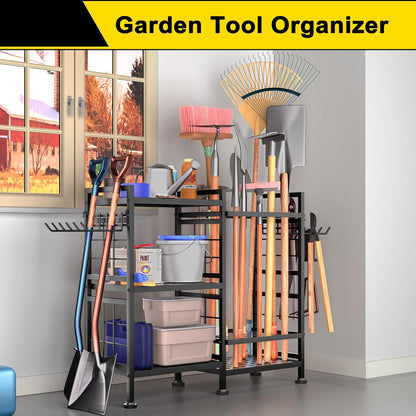3 Tier Garden Tool Organizer, Garage Storage and Organization, Metal Yard Tools Storage up to 78 Tools, Heavy Duty Garden Tool Organizer for Garage, Yard, Patio, Shed, Indoors and Outdoors, Black