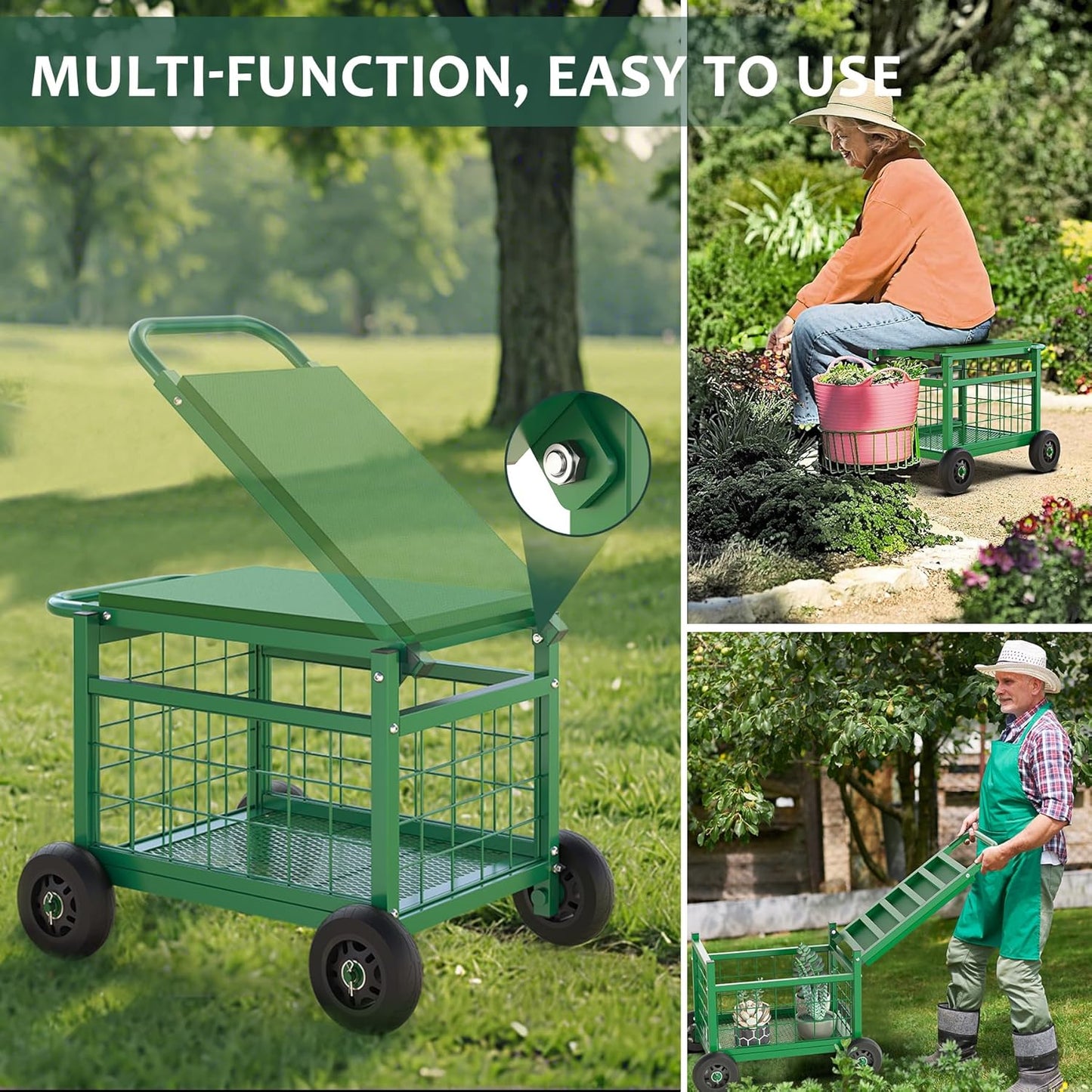 FLINTER Rolling Garden Work Seat with Wheels, Upgraded Heavy Duty Gardenning Cart with Seat - Garden Rolling Stools with Wheels for Seniors, Lawn, Patio & Backyard Gardening, Green