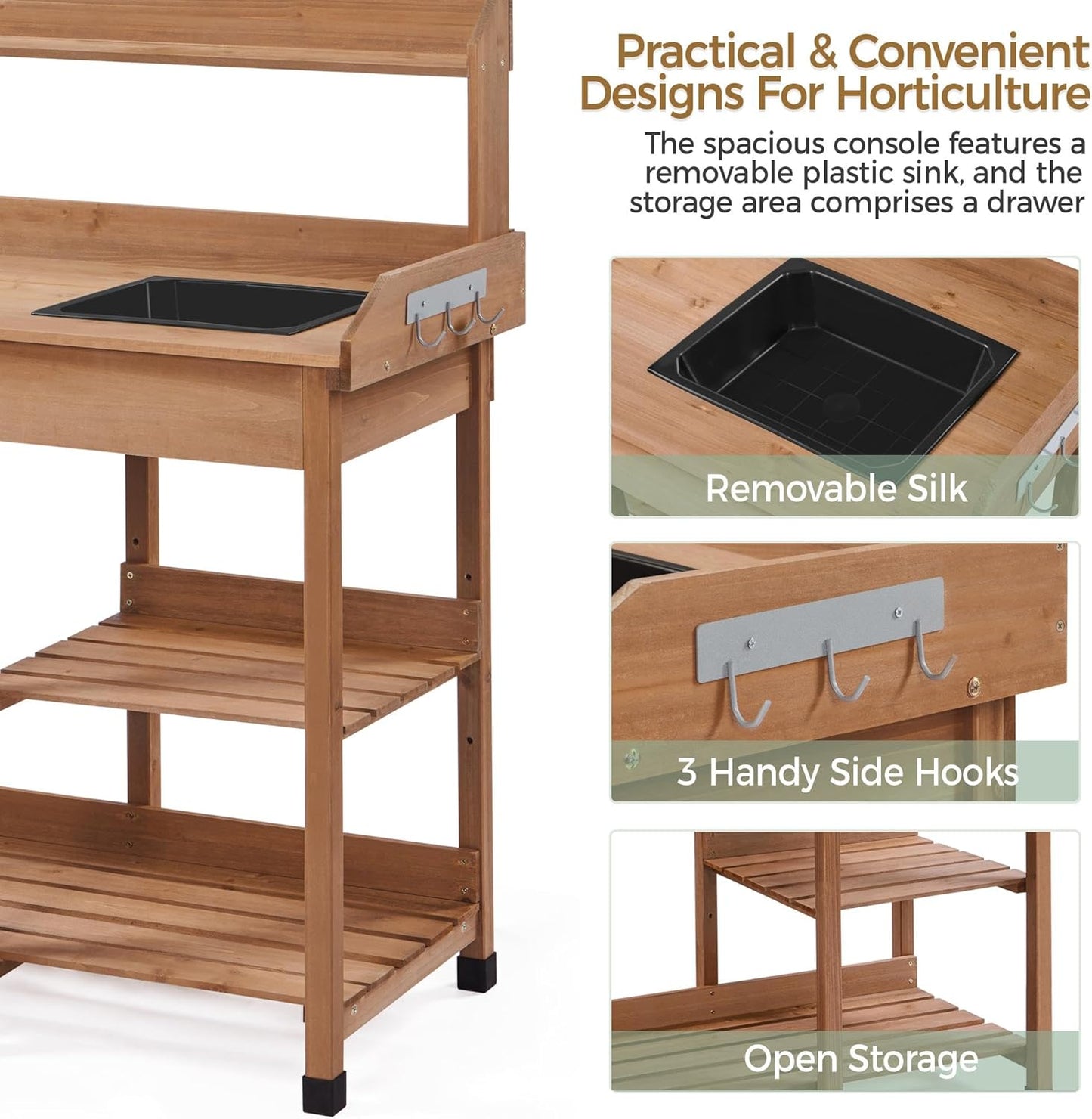 Yaheetech Potting Bench Outdoor Garden Work Bench Station Planting Solid Wood Construction for Horticulture w/Sink Drawer Rack Shelves Natural Wood