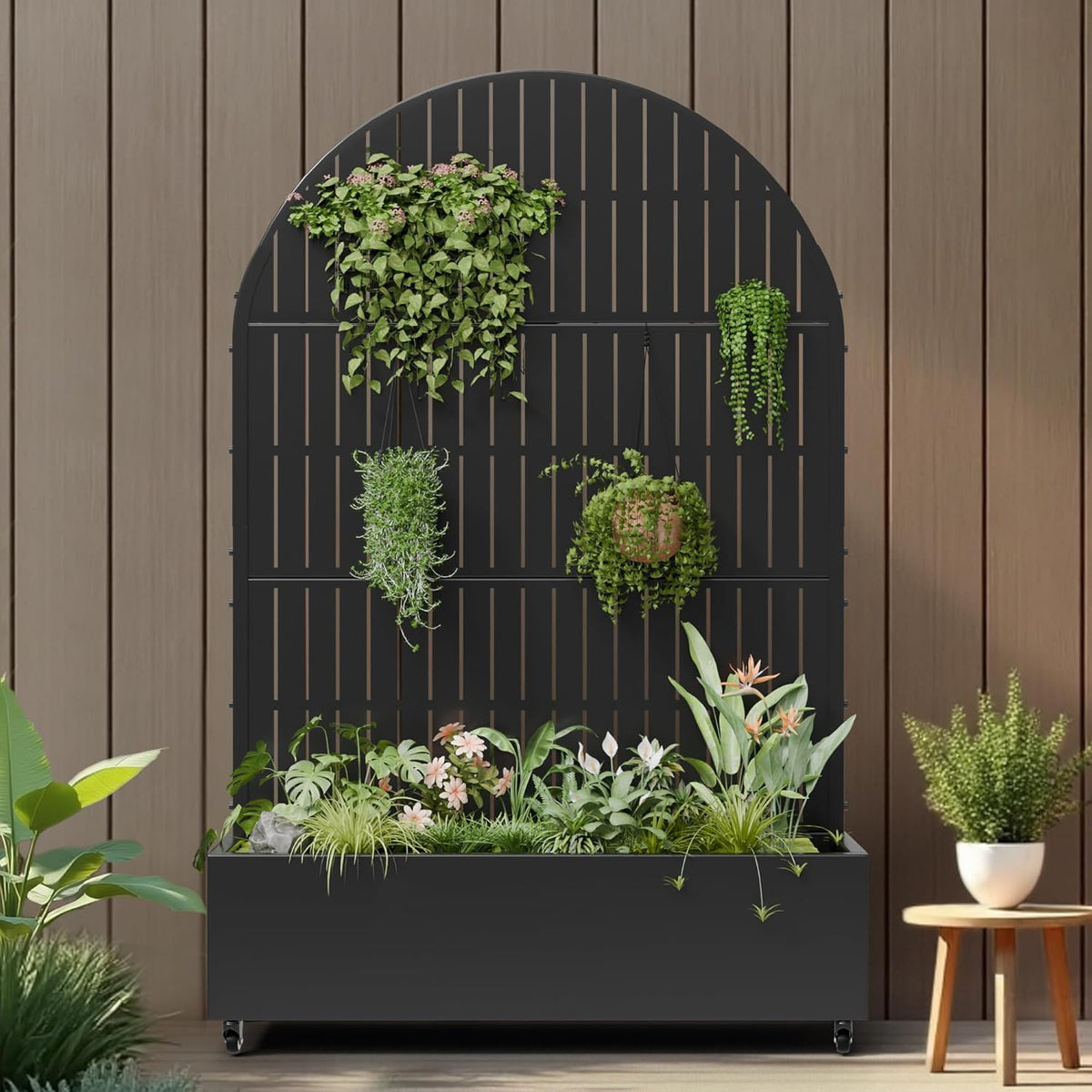 Casaphoria Metal Raised Garden Bed with Trellis and Wheels, 72"x47"x16" Planter Box for Climbing Plants, Vegetables & Vines, Features Drainage Holes and Privacy Screen (Black-Louver) - Colors A