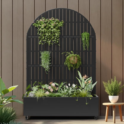 Casaphoria Metal Raised Garden Bed with Trellis and Wheels, 72"x47"x16" Planter Box for Climbing Plants, Vegetables & Vines, Features Drainage Holes and Privacy Screen (Black-Louver) - Colors C