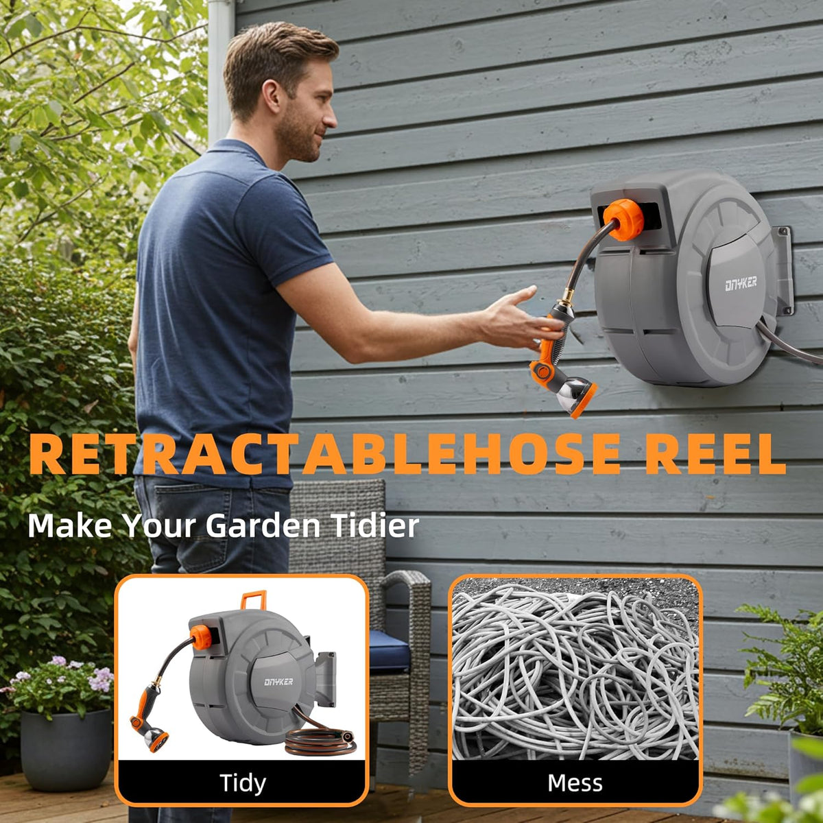 Retractable Garden Hose Reel, 1/2 inch x 100 ft Water Hose Reel Wall Mounted, Any Length Lock, Slow Auto-Rewind, 180°Swivel Bracket & 10 Pattern Nozzle