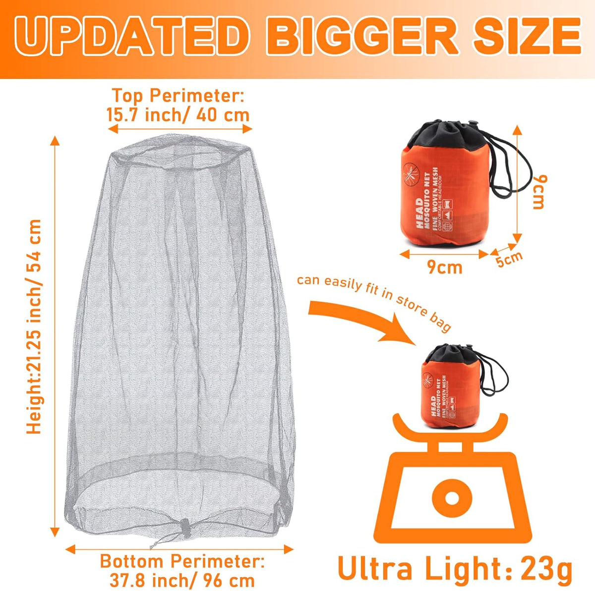 Benvo Mosquito Head Net Mesh, Face Neck Fly Netting Hood from Bugs Gnats Noseeums Screen Net for Any Outdoor Lover- with Carry Bags Fits Most Sizes of Hats Caps (2pcs, Black, Updated Big Net)
