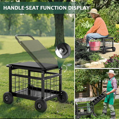 FLINTER Rolling Garden Work Seat with Wheels, Upgraded Heavy Duty Gardenning Cart with Seat - Garden Rolling Stools with Wheels for Seniors, Lawn, Patio & Backyard Gardening, Green