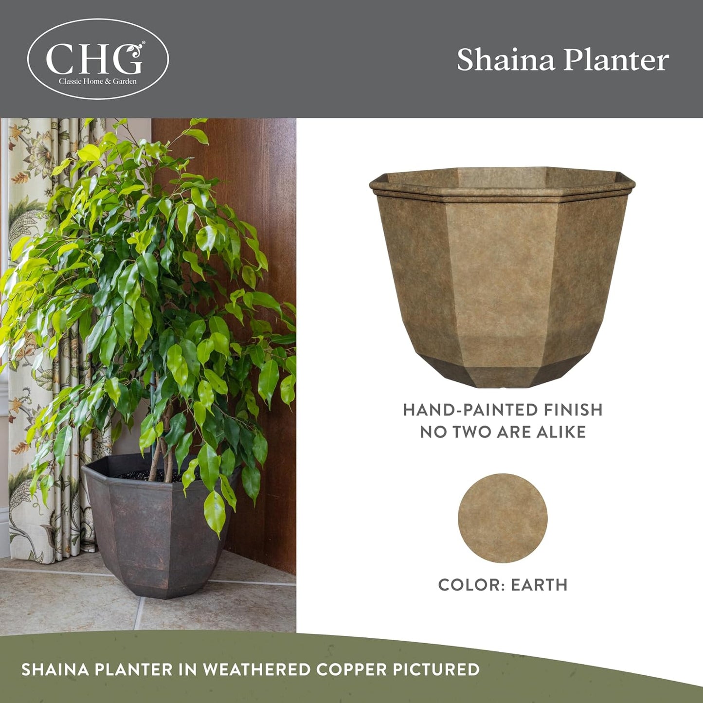 Classic Home and Garden by Growscape Shaina Planting Pots - Lightweight Indoor & Outdoor Plant Pots - UV-Resistant Resin Flower Pots - Pot Planters for Flowers & Herbs (15” Earth)