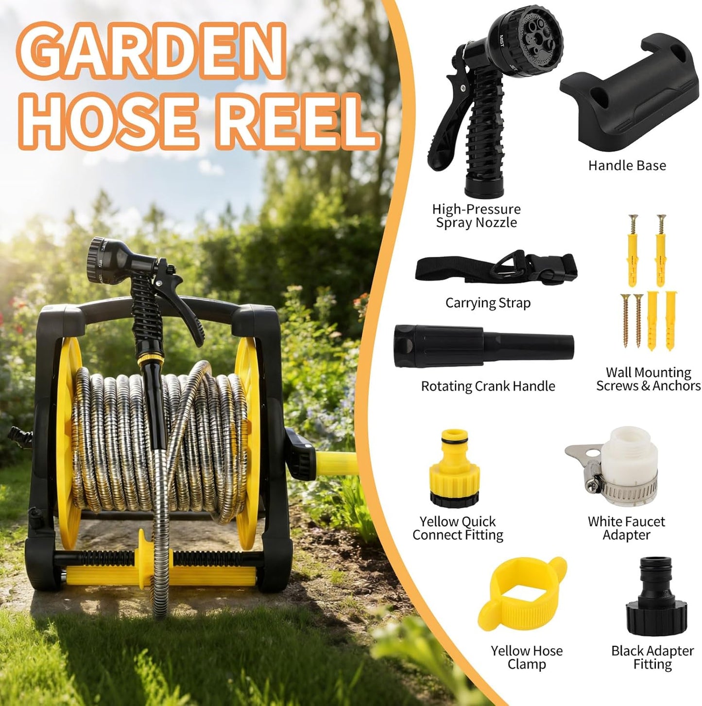 Retractable Garden Hose Reel, Heavy Duty Stainless Steel Water Hose,Male to Female Fittings, Easy to Use and Store, Strong and Sturdy, Suitable for Yard and Lawn (100FT)