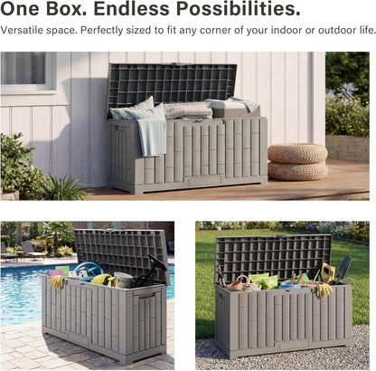 EAST OAK Outdoor Storage Box, 31 Gallon Deck Box Indoor and Outdoor Use, Waterproof Resin Storage Bin for Package Delivery, Patio Cushions, Gardening Tools, Lockable, UV Resistant, Grey