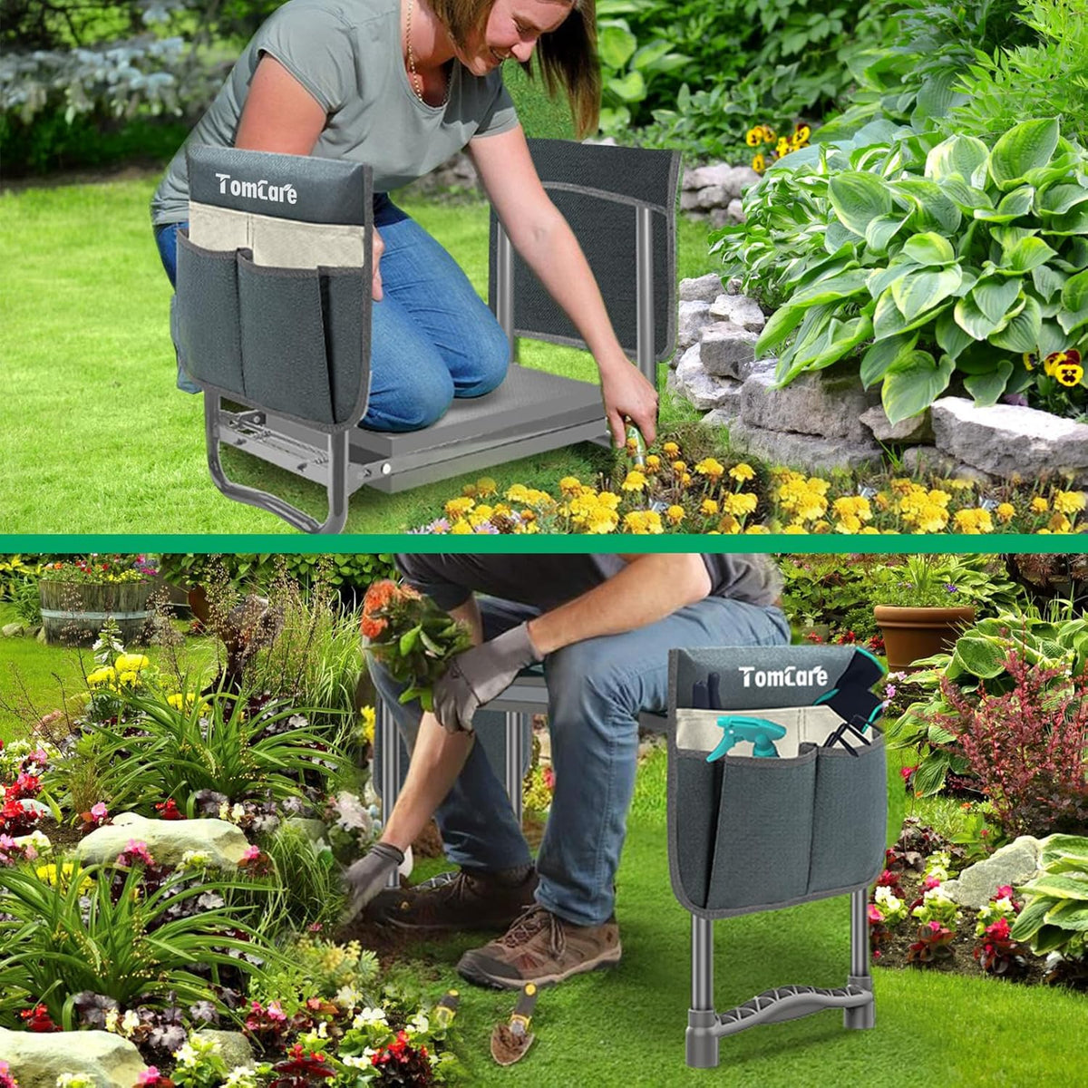 TomCare Garden Kneeler and Seat 10.64” Wider Larger Soft Kneeling Pad Garden Bench with 2 Large Tool Pouches Heavy Duty Garden Stool Foldable Tools Gardening Gifts for Women Men Gardeners