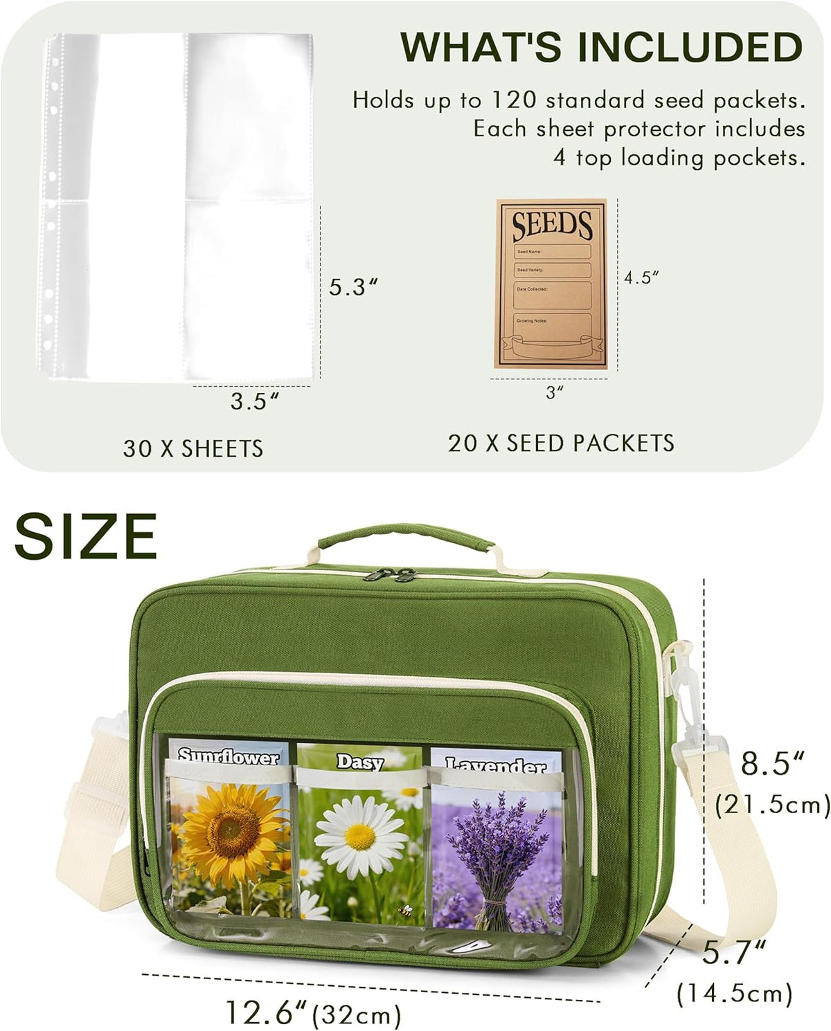 Seed Storage Organizer Binder with 20 PCS Reusable Seed Envelopes - 30 Pack Sheet Protectors Holds 120 Packets Envelopes, Seed Saving Bag for Garden Planner, Green