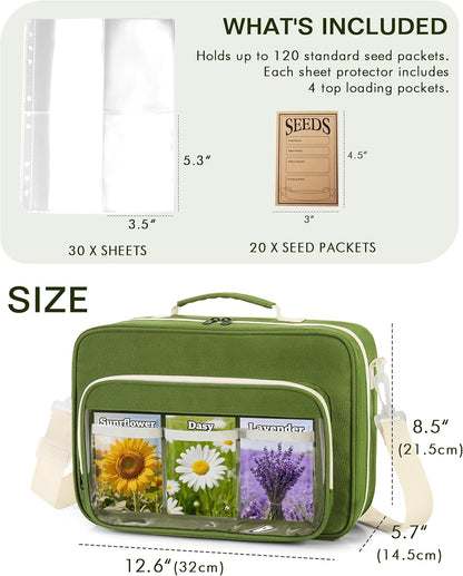 Seed Storage Organizer Binder with 20 PCS Reusable Seed Envelopes - 30 Pack Sheet Protectors Holds 120 Packets Envelopes, Seed Saving Bag for Garden Planner, Green