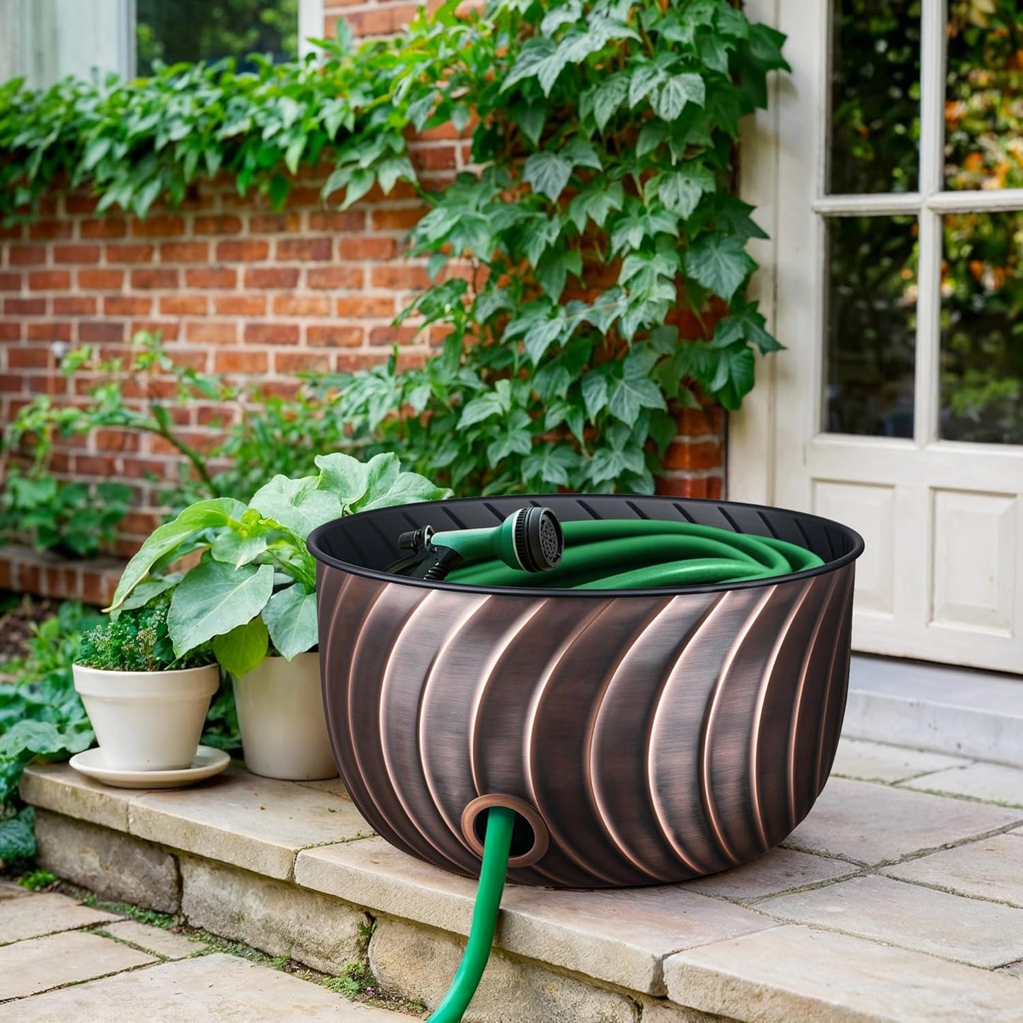 Monarch Abode Garden Hose Holder with Lid – Decorative Water Hose Holders for Outside, Wave Embossed Metal Matte Black Pot with Drainage, 100ft Waterhose Holder for Outside, Garden Storage Caddy