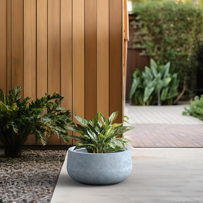 Kante 15.7" Dia Round Concrete Planter, Outdoor Indoor Garden Plant Pots with Drainage Hole and Rubber Plug, Modern Curvaceous Design, Slate Gray