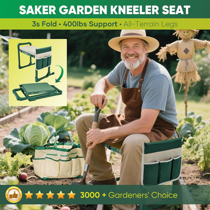 Saker Garden Kneeler and Seat Foldable Gardening Stool with Extendable Legs & Thickened Pad, Tool/Storage Bag, Heavy Duty 400lbs Support for Elderly, Gardening, Outdoor Use