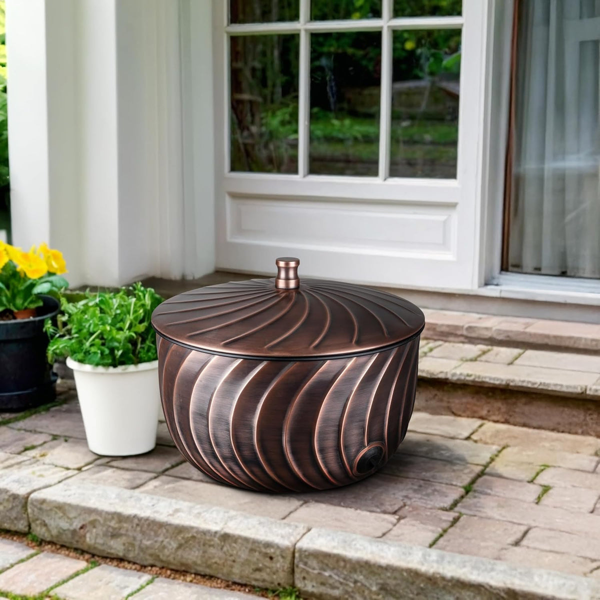 Monarch Abode Garden Hose Holder with Lid – Decorative Water Hose Holders for Outside, Wave Embossed Metal Matte Black Pot with Drainage, 100ft Waterhose Holder for Outside, Garden Storage Caddy