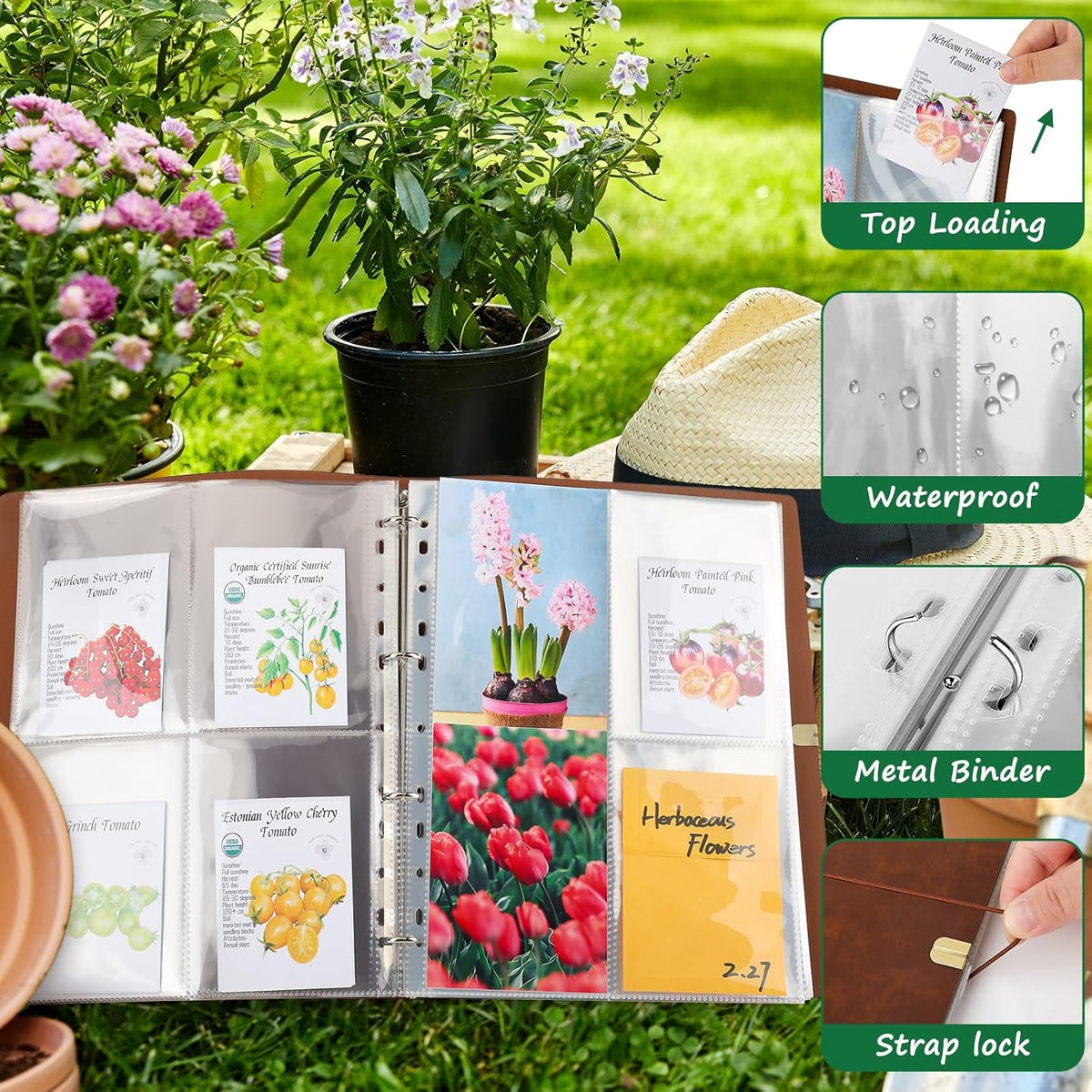 Seed Packet Organizer Binder, Garden Planner Packet with 25 Pack Clear Pocket Sleeves(Slot 3.9" x 5.5") 50Pcs Seed Storage Envelopes, Fit for Standard Seed Packets