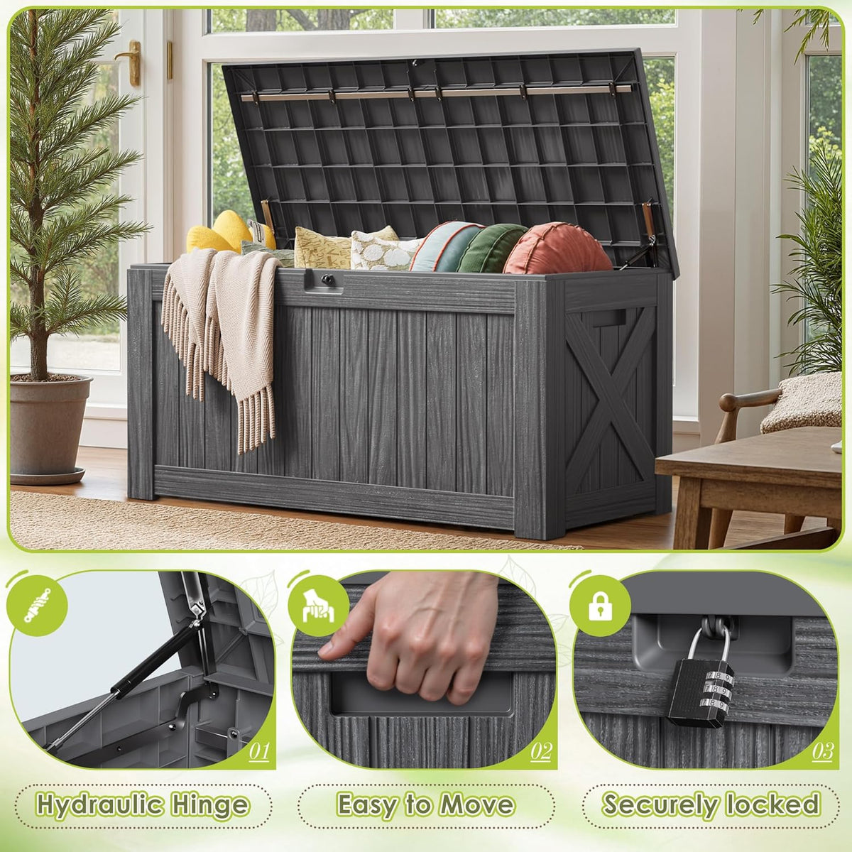 Devoko 100 Gallon Waterproof Large Resin Deck Box Indoor Outdoor Lockable Storage Container for Patio Furniture Cushions Garden Tools (100 Gallon, Black)