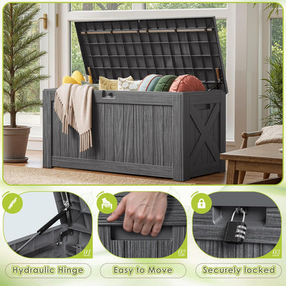 Devoko 100 Gallon Waterproof Large Resin Deck Box Indoor Outdoor Lockable Storage Container for Patio Furniture Cushions Garden Tools (100 Gallon, Black)