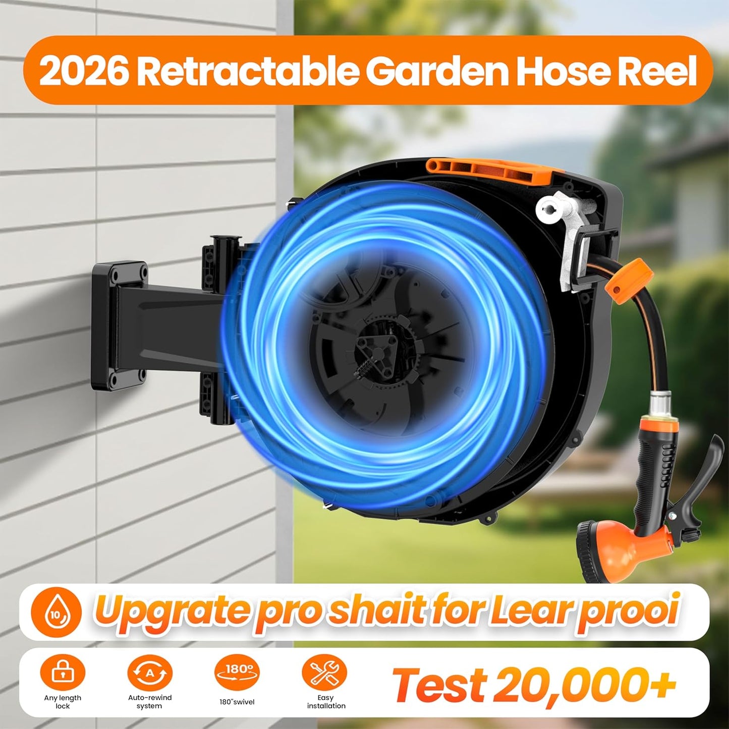 Retractable Garden Hose Reel, 1/2 in x 50 ft Wall Mounted Hose Reel Heavy Duty with 10-Function Sprayer Nozzle, Any Length Lock, Slow Return System, 180°Swivel Bracke for Large Yard Lawn Car Washing
